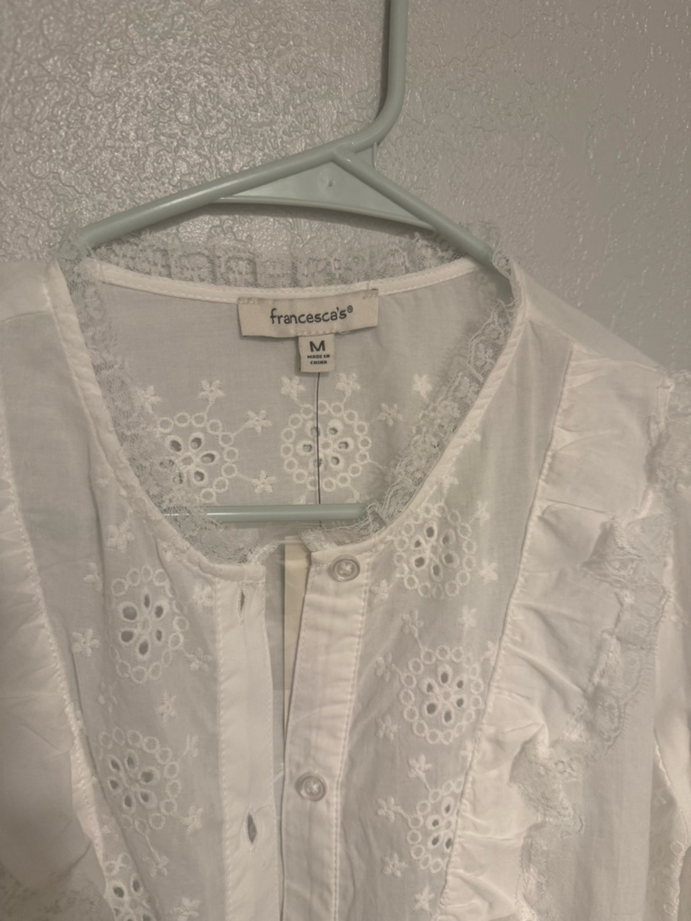 Francesca's White Eyelet Lace Button-Front Blouse